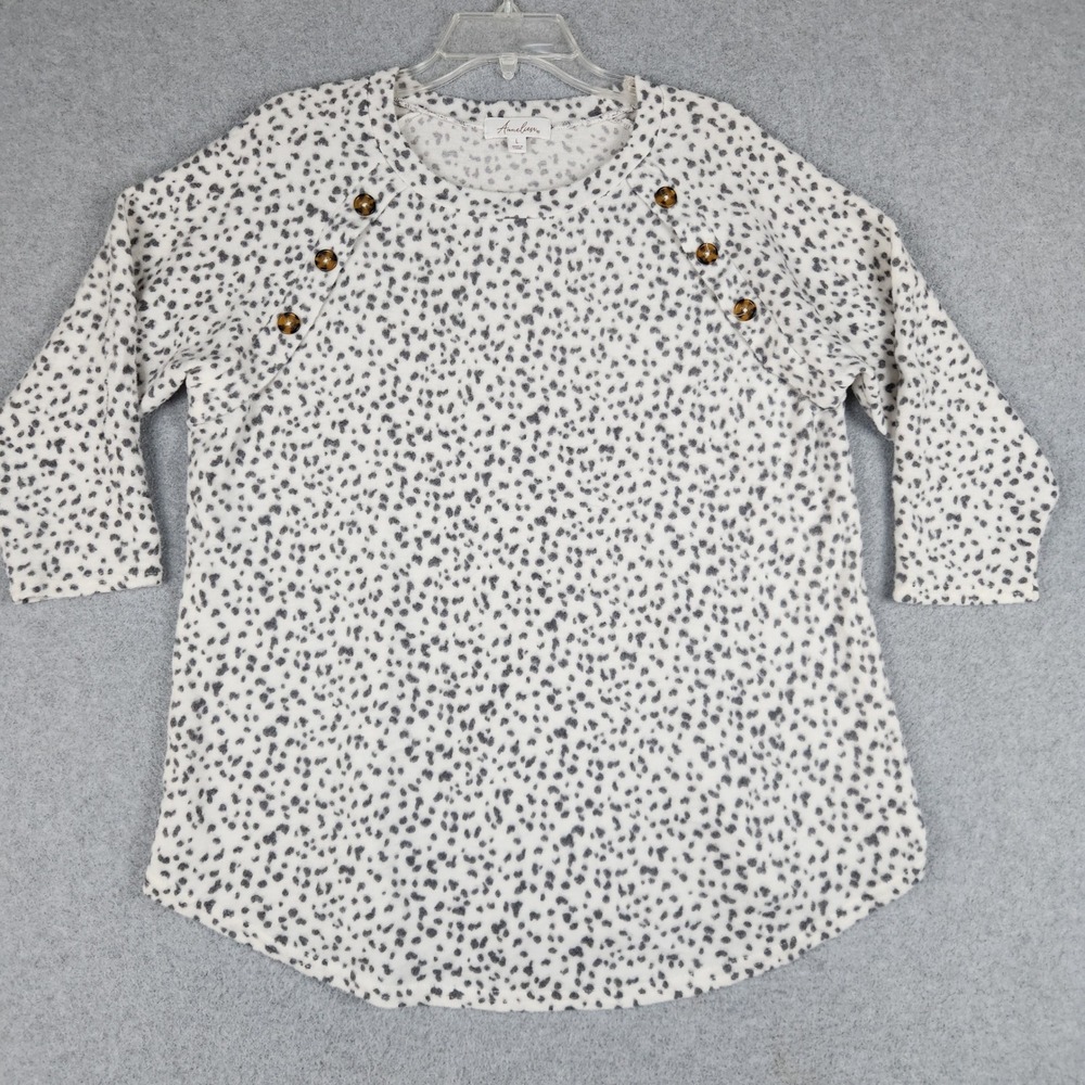 Anneliese Shirt Top Womens L White Gray Animal Print Button Shoulder 3/4 Sleeve